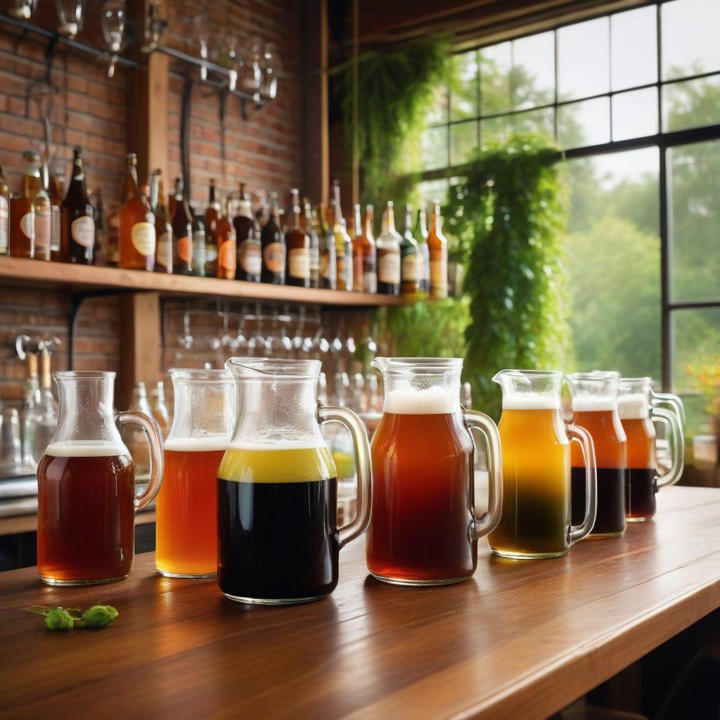 A vibrant brewery scene showcasing modern brewing equipment with a lush green backdrop, highlighting sustainable practices. Include glass jugs filled with colorful craft beers, hops, and barley scattered around. Show a diverse group of brewers passionately discussing their innovative techniques. The ambiance is warm and inviting, reflecting a sense of community and environmental consciousness. Detailed textures and rich colors. super-realistic. vibrant colors.
