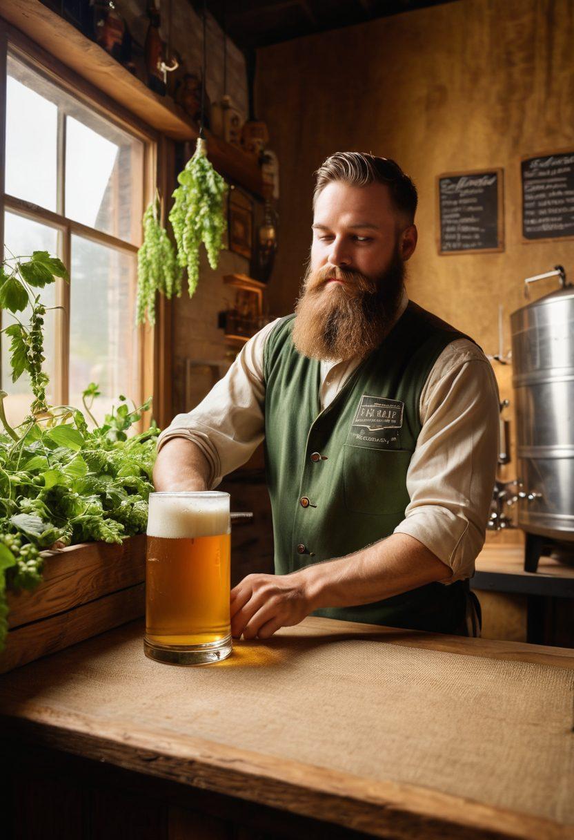 A rustic, wooden brewery setting showcasing Todd, a bearded artisan brewer, passionately pouring a golden ale into a frosted glass. Surrounding him are vibrant hops, barley sacks, and brewing equipment, emphasizing sustainable practices and a warm atmosphere. Include a chalkboard menu in the background featuring unique beer names. Super-realistic. Warm tones. Earthy textures.