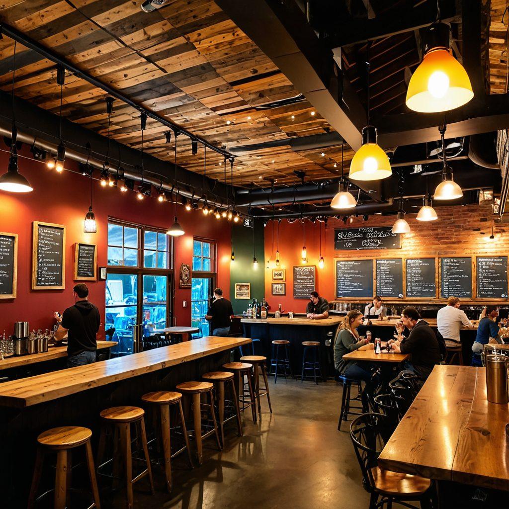 A vibrant brewery interior showcasing Todd crafting unique microbrews with colorful ingredients spread around him. Friends enjoying beer tastings at rustic wooden tables, lively discussions filled with laughter, and the ambiance illuminated by warm, inviting lights. A chalkboard menu displays creative beer names and descriptions. Super-realistic, warm colors, cozy atmosphere.